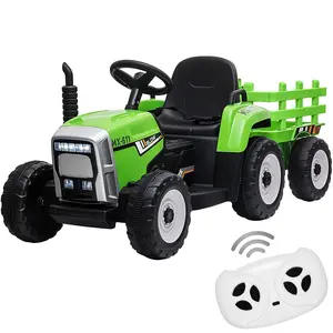 【GARVEE】12V Toddler Electric Ride-On Tractor with Green Trailer, Remote Control, Slow Start, 7 LED Headlights, USB Music Player, 2+1 Gear Shift, 25W Motor, and Treaded Tires for Ages 2 and Up