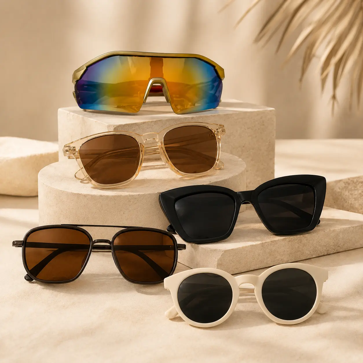 5pcs Fashion Sunglasses Set For Women, Shield Wraparound Cat Eye Square Round Frame Glasses, Summer Beach Travel Streetwear Accessories