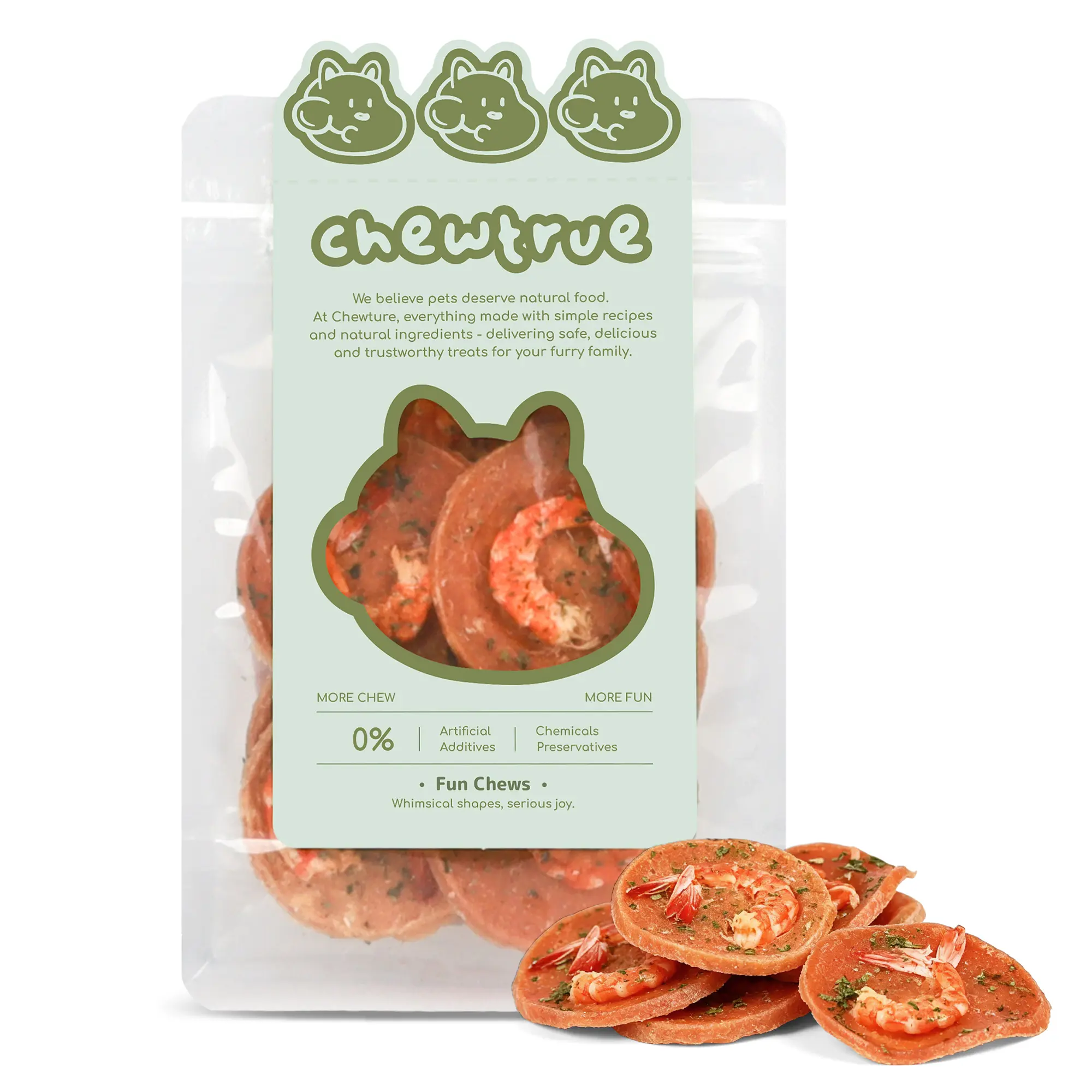 ChewTrue Chicken, Parsley & Shrimp Patties Pet Treats,High in protein and nutrient-dense, it helps freshen breath and aid digestion. Free of additives, it is suitable for both cats and dogs.（Pack size：6PCS）