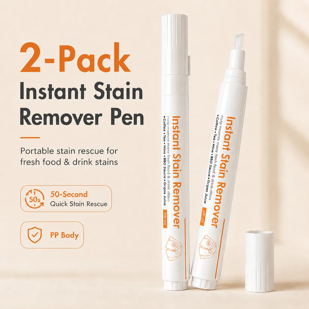 2-Pack Instant Stain Remover Pen, Portable Clothes Stain Cleaner for Coffee, Wine, Sauce & Food Stains, Travel & Daily Use