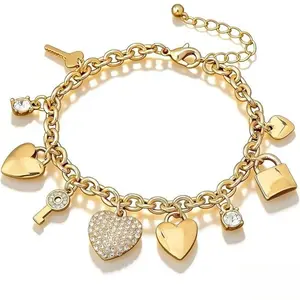 Gold Heart Charm Bracelet for Women – Dainty Link Chain with Heart & Key Locks, Romantic Love Jewelry, Perfect Gift for Her