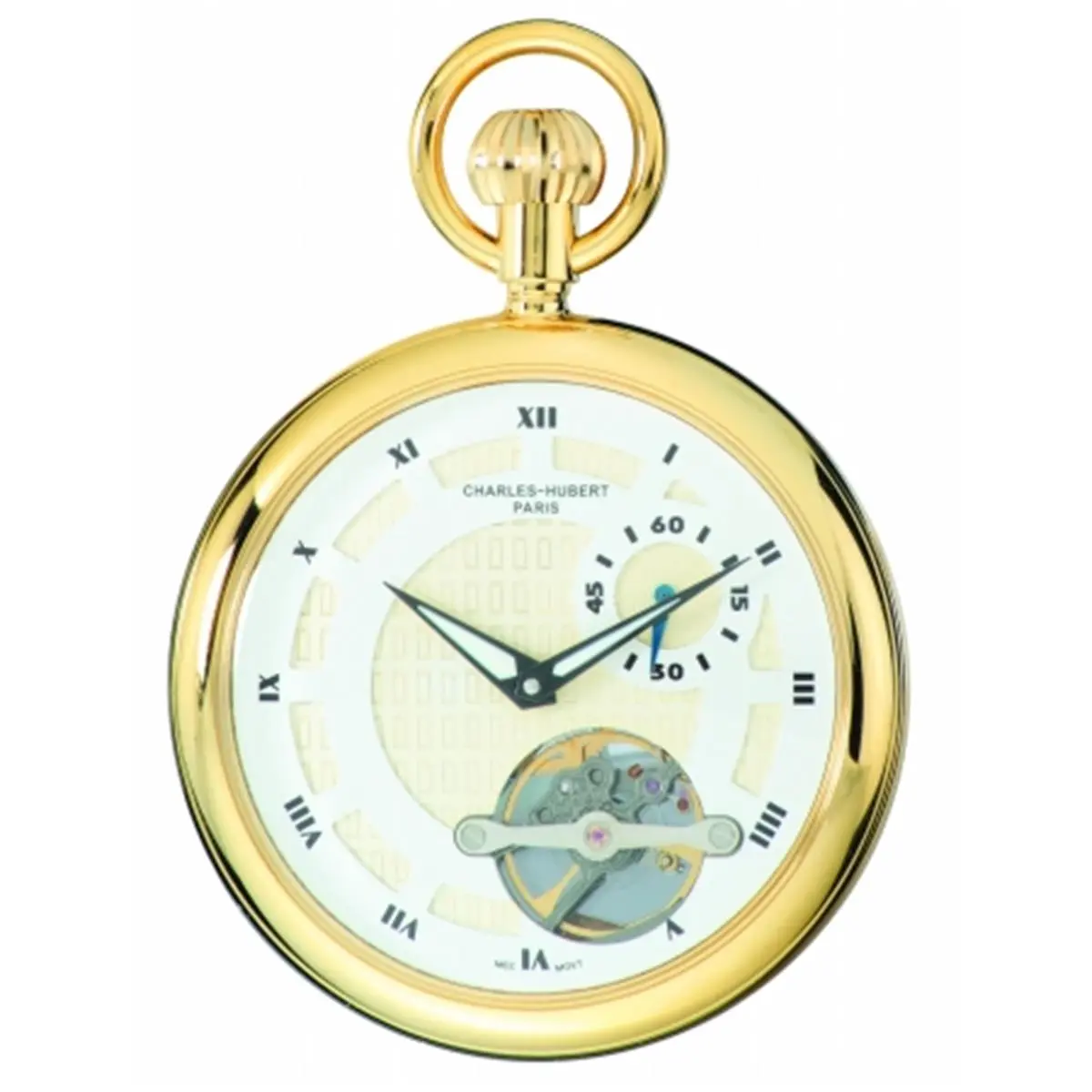 212 MAIN Charles-Hubert Paris Gold-Plated Brass Open-Face Mechanical Pocket Watch - White Dial, Polished Finish, Unisex Fashion Accessory
