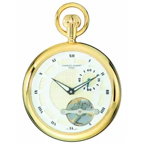 212 MAIN Charles-Hubert Paris Gold-Plated Brass Open-Face Mechanical Pocket Watch - White Dial, Polished Finish, Unisex Fashion Accessory