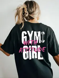 Gym Girl With Attitude Dumbbell Graphic T-Shirt, Trendy Pink White Bold Text Print Tee, Oversized Comfort Colors Workout Shirt, Casual Fitness Gym Wear Short Sleeve Top, Retro Athletic Cotton Tee for Women and Workout Enthusiasts