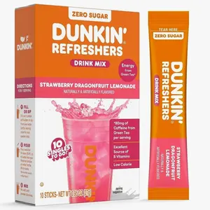 Dunkin’ Refreshers Singles To Go! Powdered drink mix packets, Strawberry Dragon fruit Lemonade, 10 packets per box , Energy from Green Tea, aspartame-free, no synthetic colors, naturally and artificially flavored, just add water