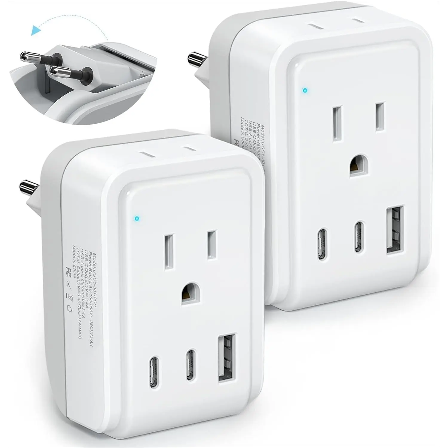 SQ-APT014 2 Pack European Travel Plug Adapter, Foldable International Power Adapter with 2 AC Outlets 3 USB Charging Ports(2 USB C), Type C Power Adaptor to Most Europe Italy Spain France Iceland Germany, Universal Socket, Max 2500W, 2500 Watt