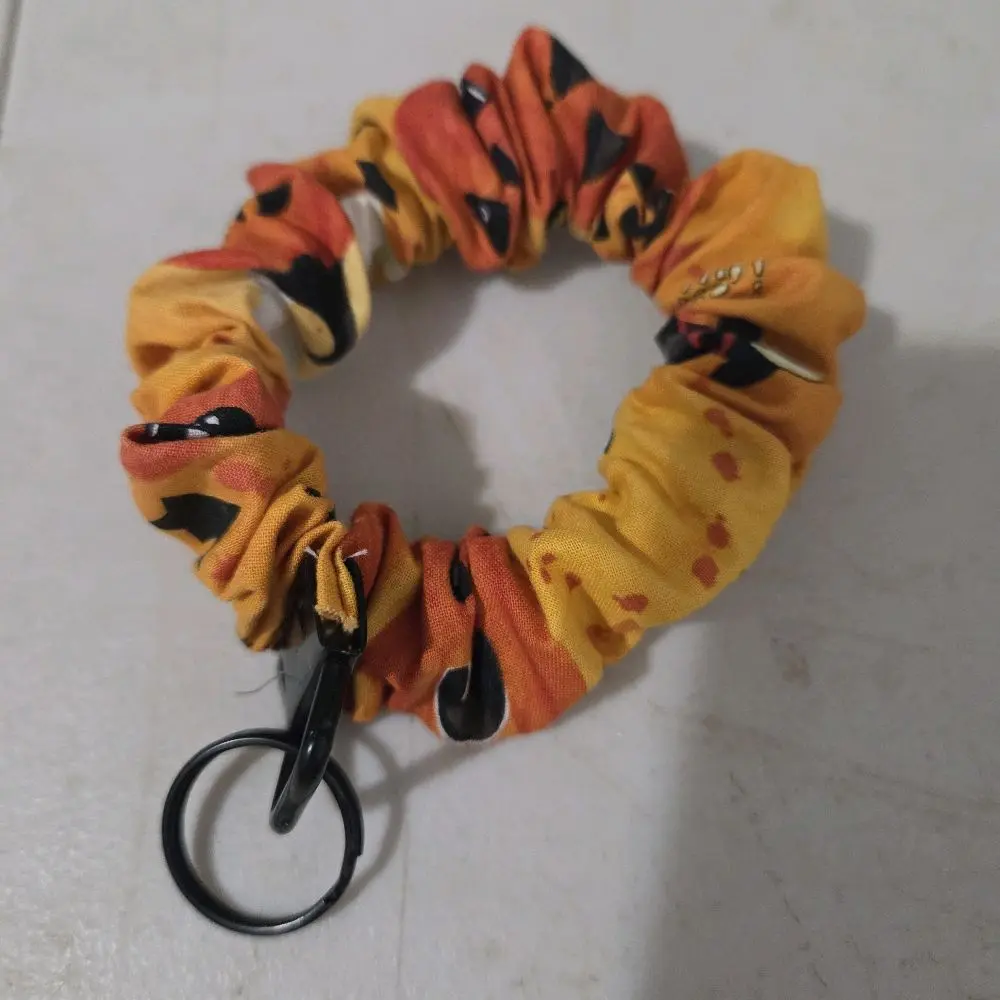 Women's Dual-Function Fabric Scrunchie Keychain with Ring - Spooky Theme Pumpkin Print, Leaf, Skull, Bat Multicolor Wristlet, Black Clasp for Autumnal Accessories Lovers