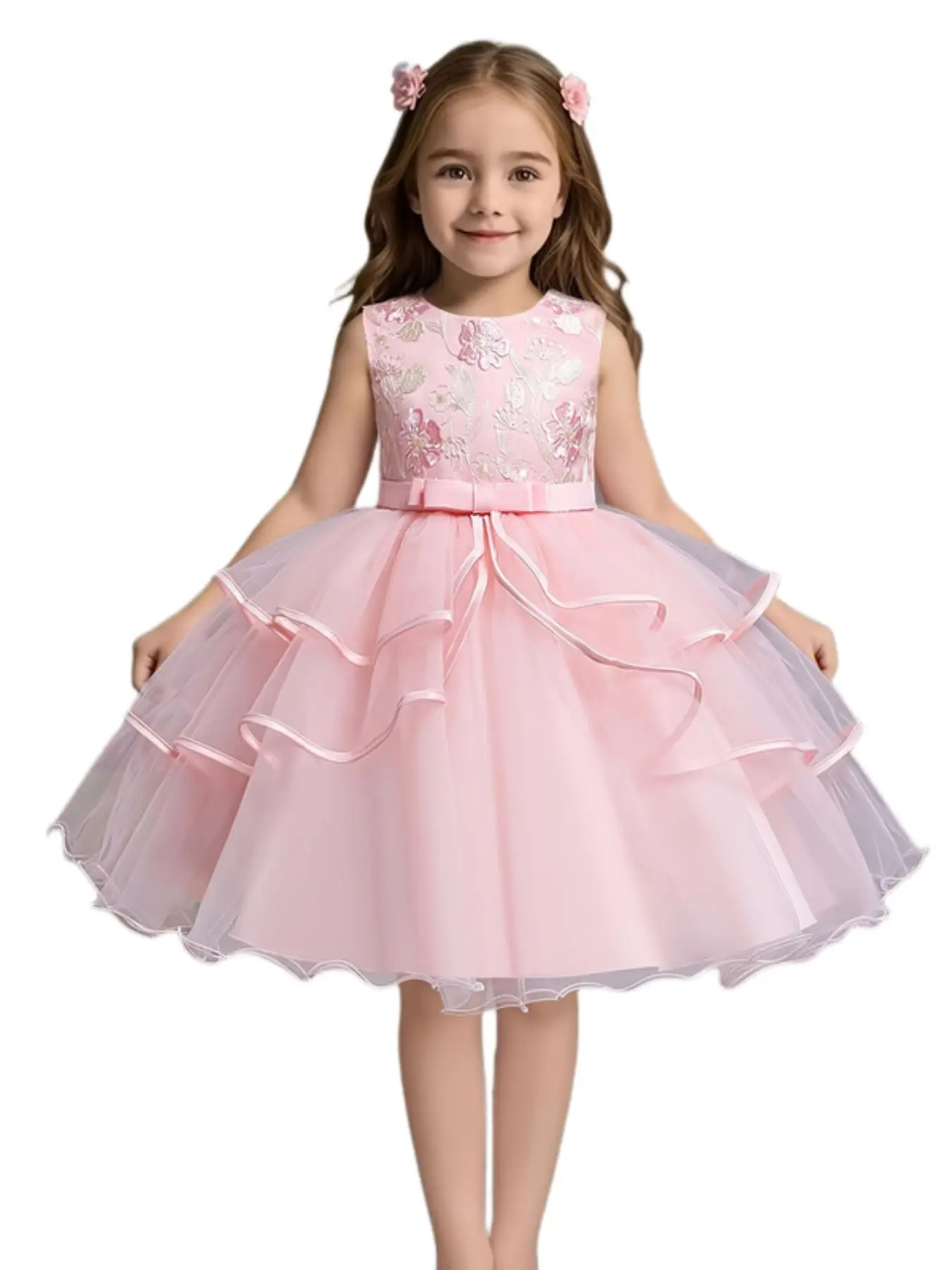 Girl's Floral Jacquard Tulle Dress, Elegant Romantic Sleeveless A Line Dress for Party Performance Wedding Guest, Kids Clothes for All Seasons