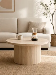 【CategorySelect】ONBRILL 31.5" Gorgeous Fluted Coffee Table, Round Mid Century Coffee Tables for Living Room, Cute Modern Wood Coffee Table, Drum Accent Small Center Table, Bedroom Furniture