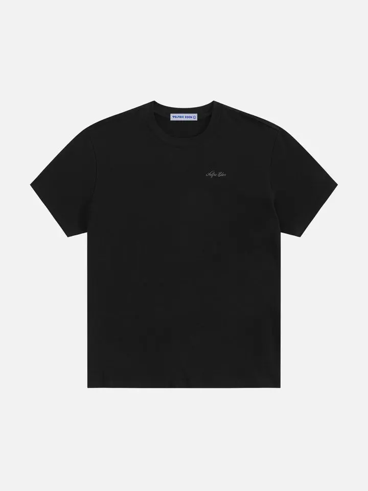 Aelfric Eden Mini Script Embroidered Basic Tee Oversized Dropped Shoulder Fit Chest Mini Script Embroidery Heavyweight Cotton Fabric Classic Crew Neck Minimalist Streetwear Unisex Top