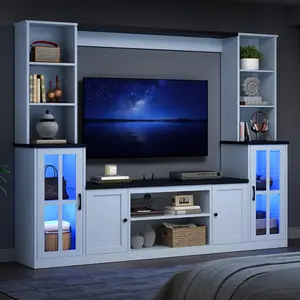 Large Size 74'' Farmhouse Wall Unit Entertainment Center, TV Stand with Bookshelves & Storage Organizer, Fits 50'' TVs Max, Media Console with LED Light Strip & Power Outlets for Living Room, Led Tv Stands, Farmhouse Tv Cabinet #SummerVibes