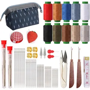 75 count Sewing Tool Set, Big Eye Steel Sewing  Kit with 10 Rolls Jeans Thread & Strawberry Pin Cushion Holder, Denim  Hand Repair Kit for Beginners, Portable DIY Travel Working