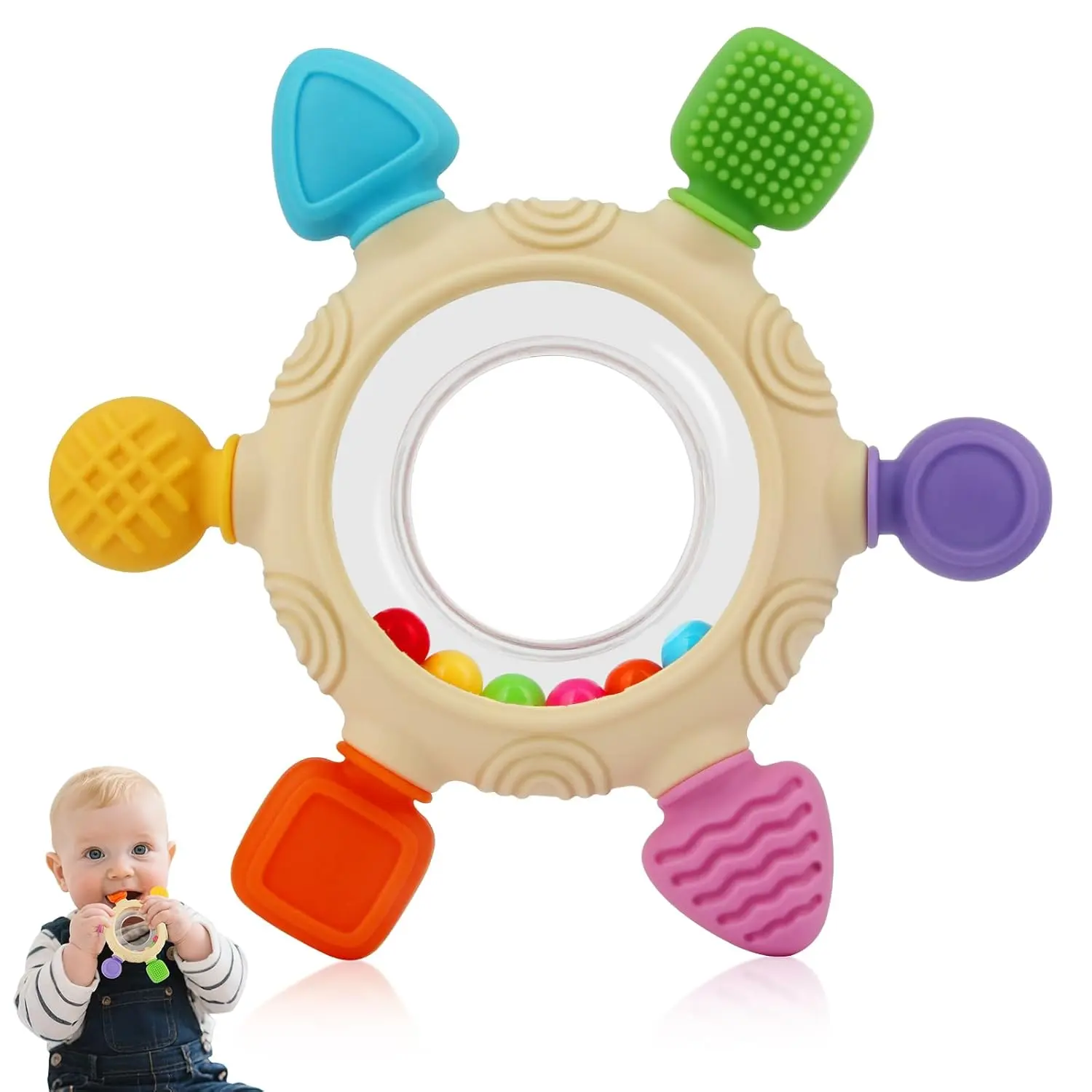 Baby Teething Rings Silicone Teether Toys for 0–24 Months, Rattle Sensory Chew Toys for Newborns, BPA Free Gum Relief Toy