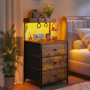 LED Nightstand Set of 2 with 3 Fabric Drawers & Shelf & Hooks, Tall Nightstand with LED & Power Outlet , End Table with Charging Station, Bed Side Table for Bedroom Furniture, White, Black, Rustic Brown