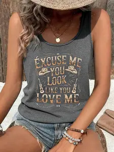 Ladies Sleeveless Top with Western Style Print, Fashion, Perfect for Beach Parties, Casual and Everyday, Slim-Fitting Geometric Design for All Seasons
