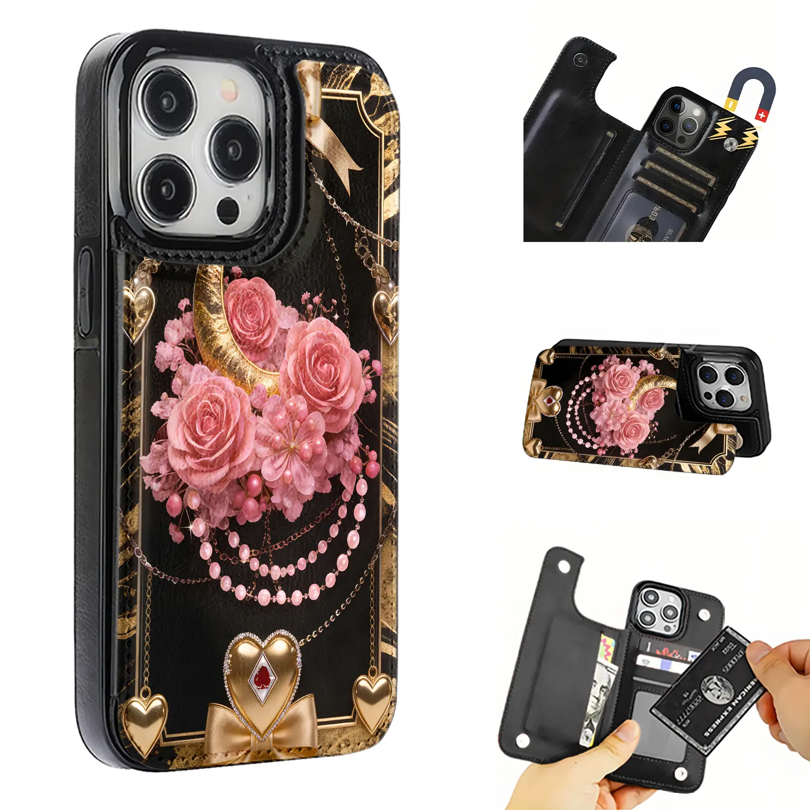 Elegant, fashionable, romantic pink rose flower case with gold heart embellishments, anti-drop leather card holder phone case,for iPhone 17 Pro Max Phone Case 17 Air 16 15 Plus 14 13 12 , Samsung Galaxy S25 ULTRA FE Plus S22 S23 FE S24 Plus