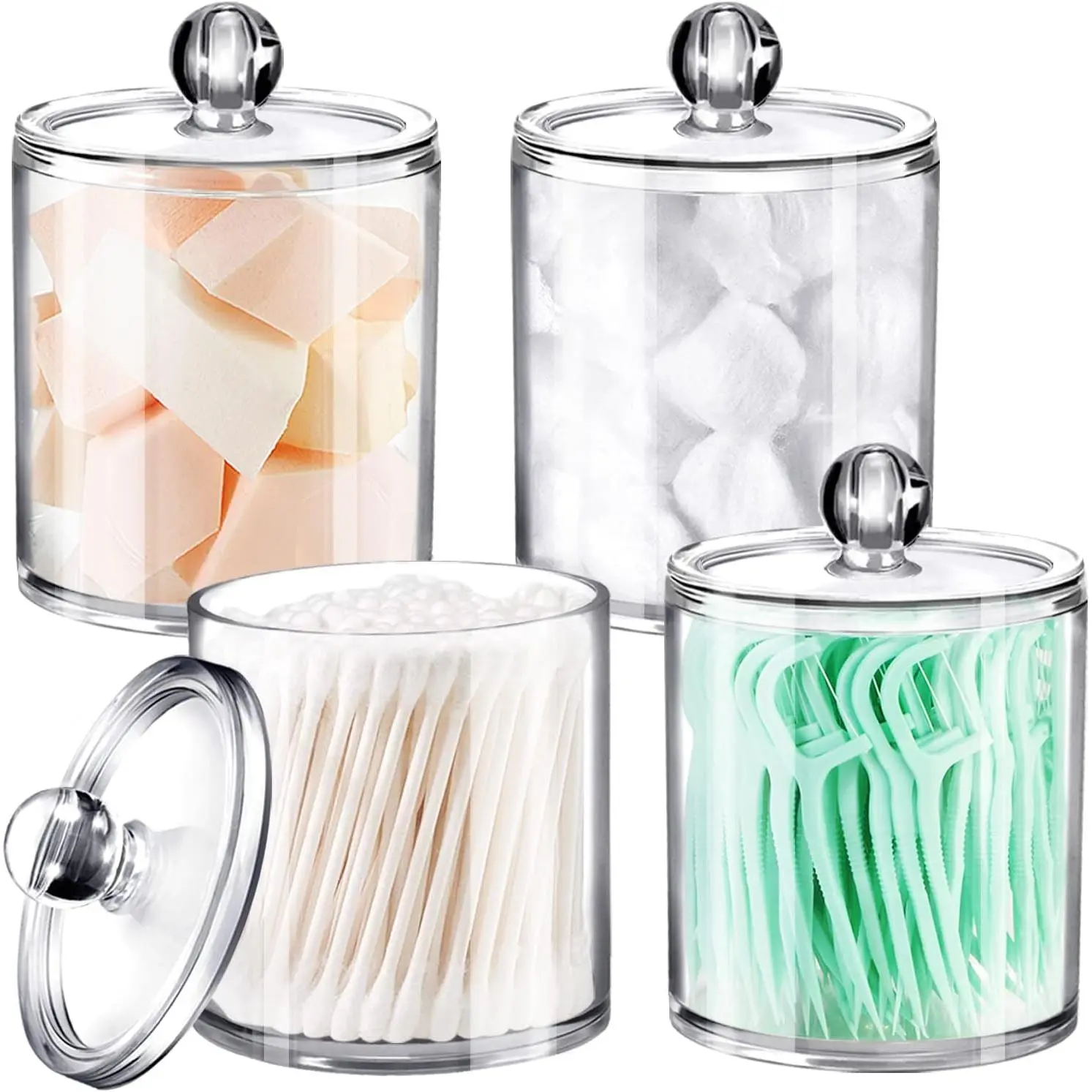 4-Pack Clear Acrylic Apothecary Jars - (2) 12oz & (2) 10oz Qtip Holder Set - Shatterproof Bathroom Vanity Organizer for Cotton Swabs,Balls,Pads,Floss Picks