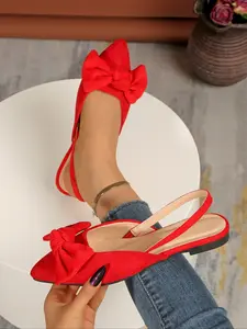 Women's Beige Pointed Toe Slingback Flats, Fabric Upper with Bow Decor, Flat Sole Design, Elegant Non-Slip Casual Shoes for Daily and Date Wear