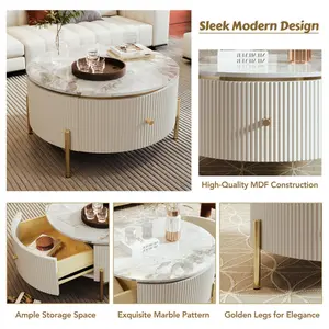 [SOIYELIFE] Modern Round Coffee Table with 2 large Drawers Storage Accent Table(31.5'') Fine furniture