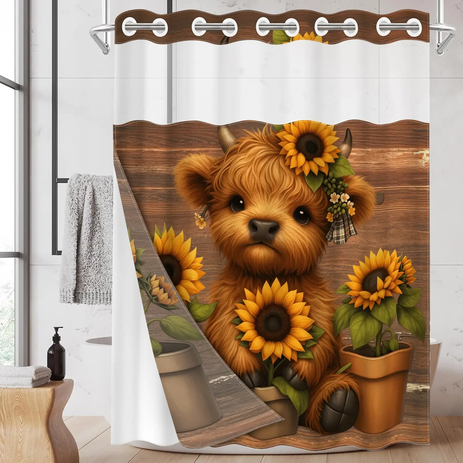 1pc 2D Flat hookless aesthetic Decorative shower curtain with snap fastener and inner lining, Sunflower Calf waterproof inner lining, transparent window, double-layer, 71x74 inches, modern curtain decoration, Bathroom decoration accessories
