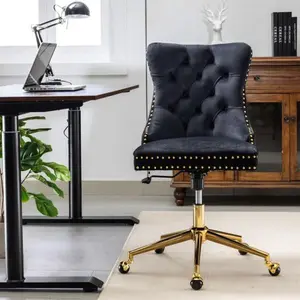 Bellemave Velvet Upholstered Tufted Button Office Chair with Golden Metal Base Adjustable Swivel Desk Chair Deep Seat Cushion Handcrafted Nailhead Trim