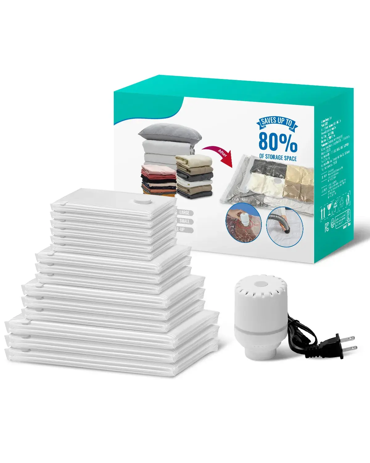15 Pack Vacuum Storage Bags for Travel with Cordless Pump, Space Saver Bags for Clothes, Compression Packing Bags for Luggage, 15 Combo Size