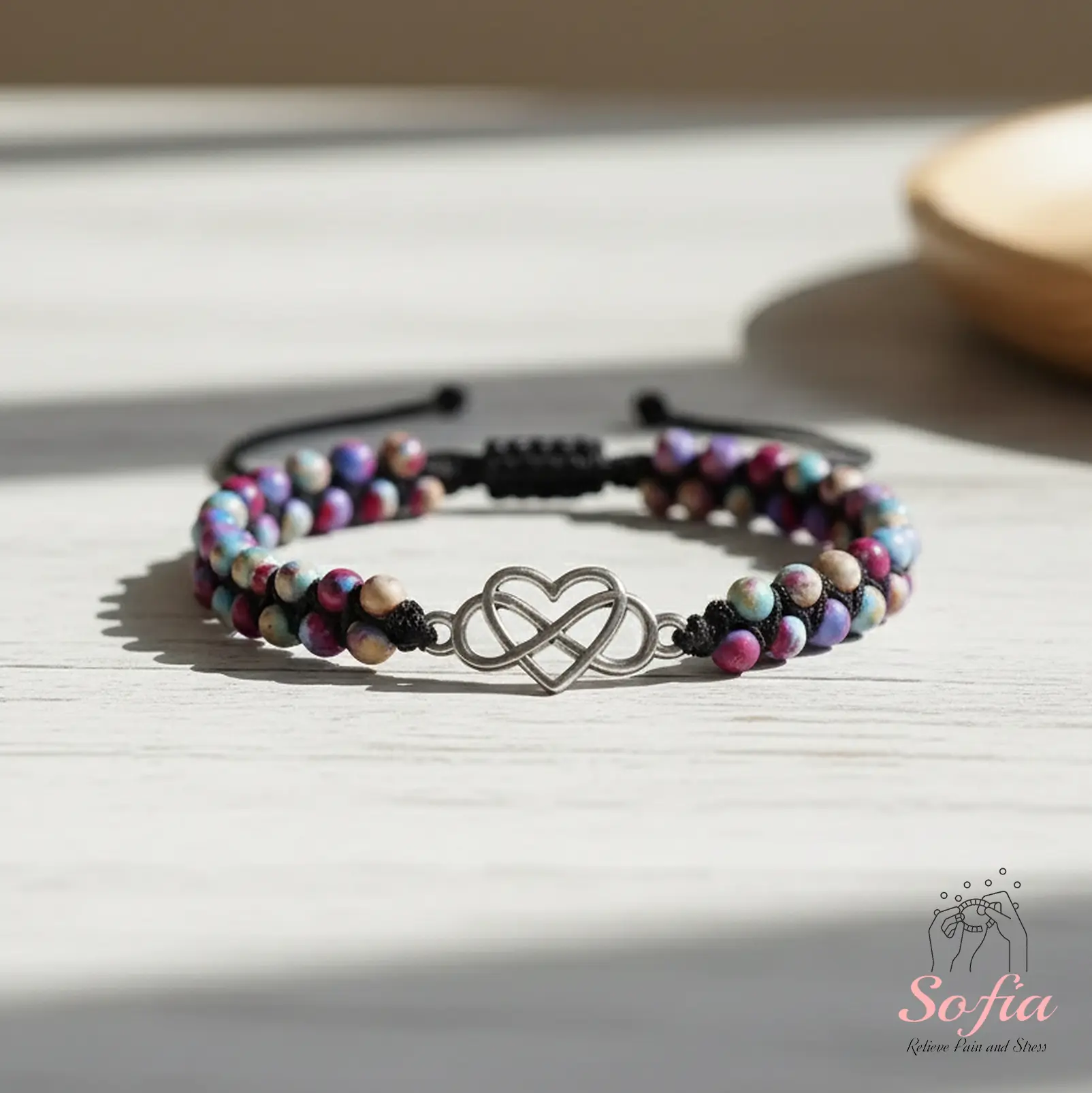 Sofia Infinite Love Natural Crystal Bracelet, Heart Charm Jasper Stone Crystal Healing Adjustable Minimalist Bracelet, Gift for Her for Mother's Day, Natural Crystal Bracelets, Bracelets