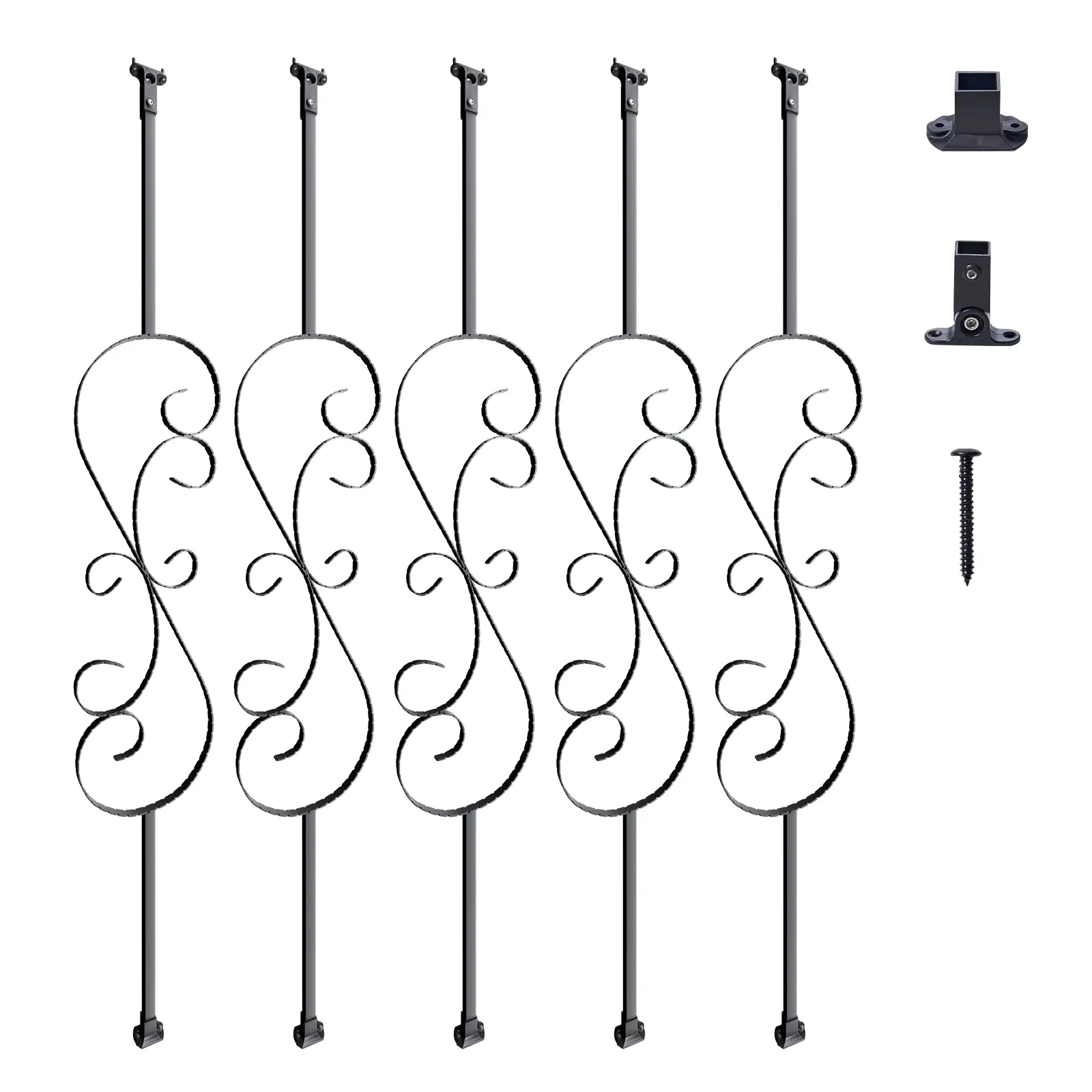 VEVOR 5-Pack 44"x0.5" Galvanized Steel S-Shape Staircase Balusters, Hollow Satin Black Spiral Railing with 10 Baluster Shoes & 20 Screws, Modern Home Improvement Supplies for Home Design, Strong Stability