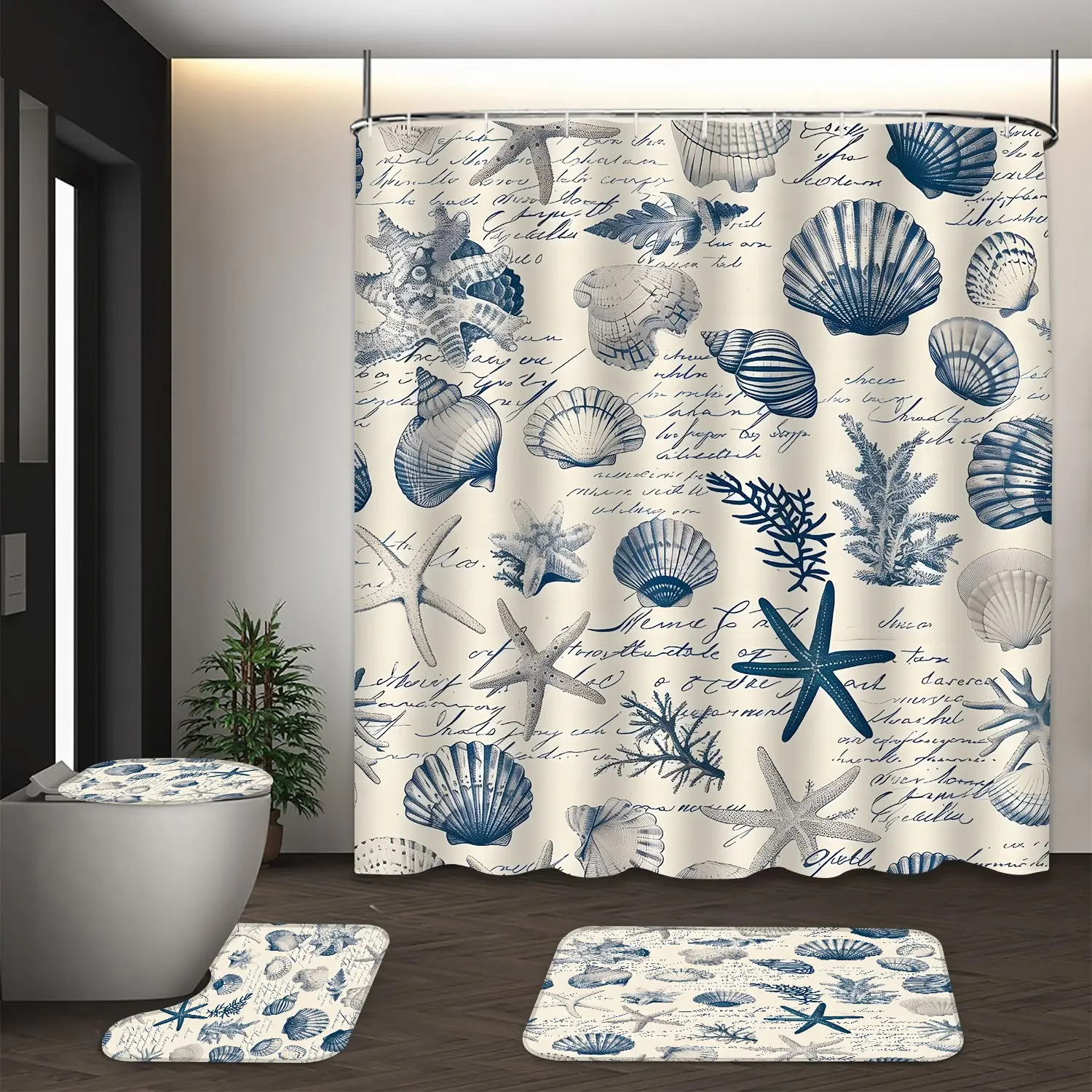 LVRLVR 4Pcs Nautical Seashell & Starfish Print Vintage Coastal Multi-Color Beach Printed Shower Curtain Bathroom Shower Curtain Set 70.8×70.8 Inch