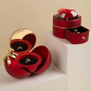 Valentine's Day Bow-Shaped Jewelry Storage Box with Rose Design, Festive Gift Box for Couples, Velvet Ring & Necklace Packaging