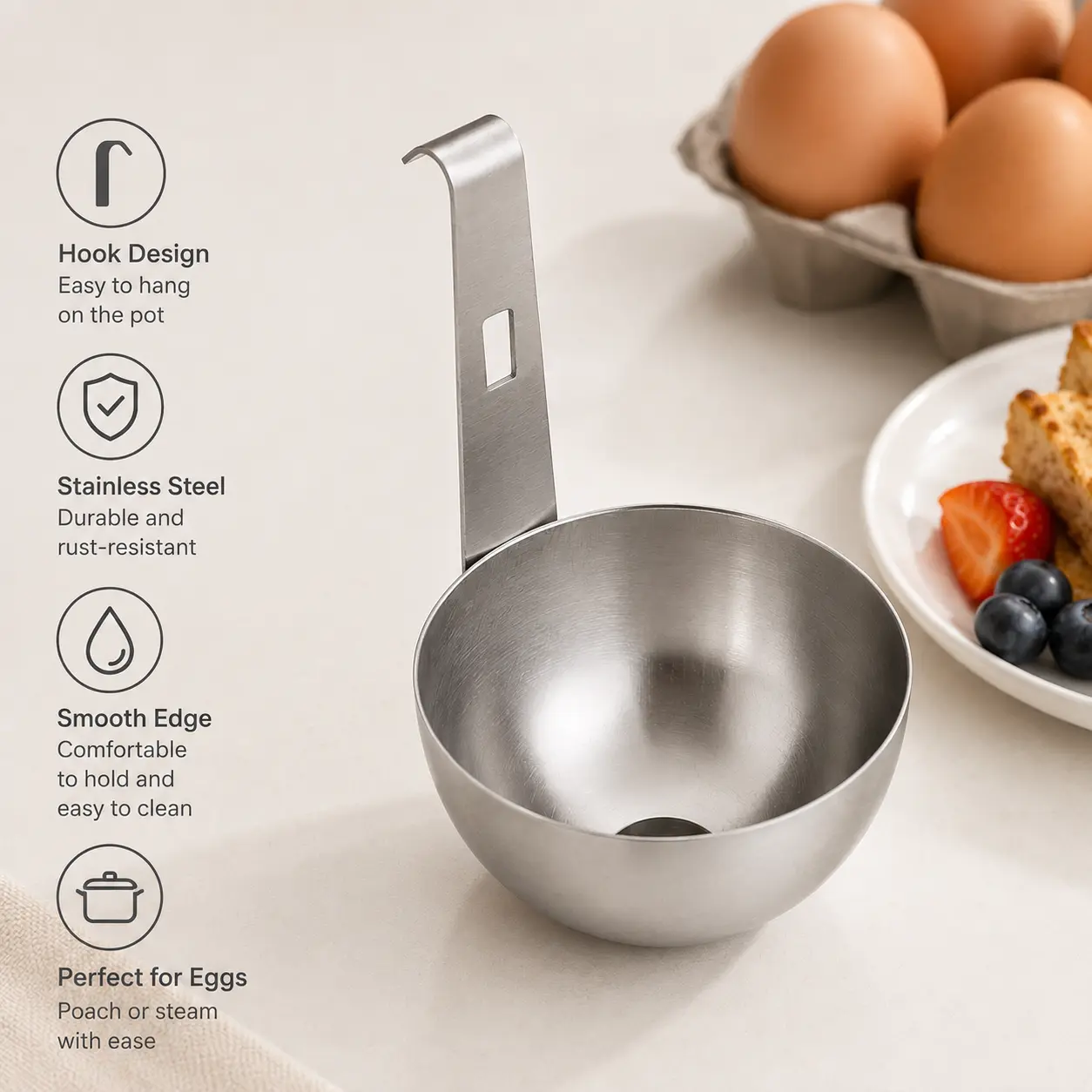 1 Count Stainless Steel Egg Poacher, with Hanging Hook Easy to Clean Design for Making Poached and Steamed Eggs in Home Kitchen
