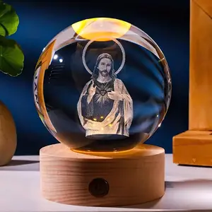 Glow Crystal Ball 3D Jesus Nativity LED Night Light with Wooden Base Perfect Christian Home Decor Unique Gift for Teens Adults Creative Desk Decoration Religious Gift Glow In The Dark Party Supplies Set