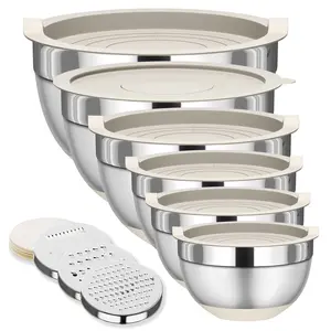 6 Piece Mixing Bowls with Lids Set, Stainless Steel Nesting Storage Bowls for Kitchen, with 3 Grater Attachments & Non-Slip Bottoms, Size 5.5,3.5,2.5,2.1,1.5,1.1 QT  Home Tableware