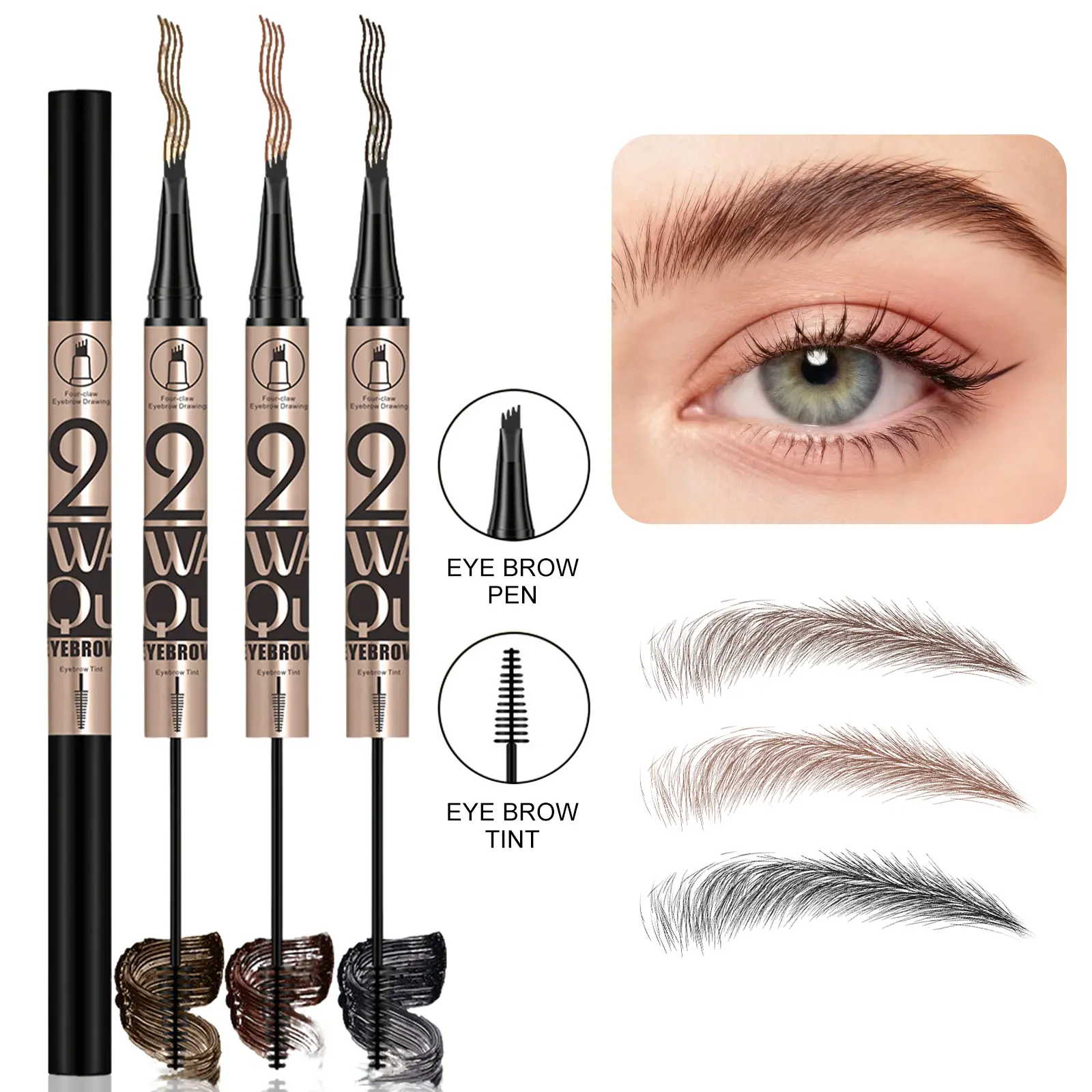Dual-Ended Eyebrow Cosmetic Pen & Brow Gel Tint, 4-Prong Microblade Tip for Natural Eyebrows Hair Strokes, Waterproof, Long-Lasting, Easy-to-Use for Beginners, All Skin Tones, 3 Colors Available Make Up Product