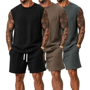 Father’s Day gift ideas: men’s matching set — waffle knit sleeveless tank top + drawstring shorts, summer casual breathable loungewear/home workout set