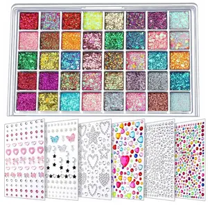 FANDAMEI Face Glitter Face Gems, 40 Colors Glitter Gel Palette with 6 Sheets Self Adhesive Hair Gems, Face Jewels for Women. Face Rhinestones Pearls for Women, Body Hair Glitter