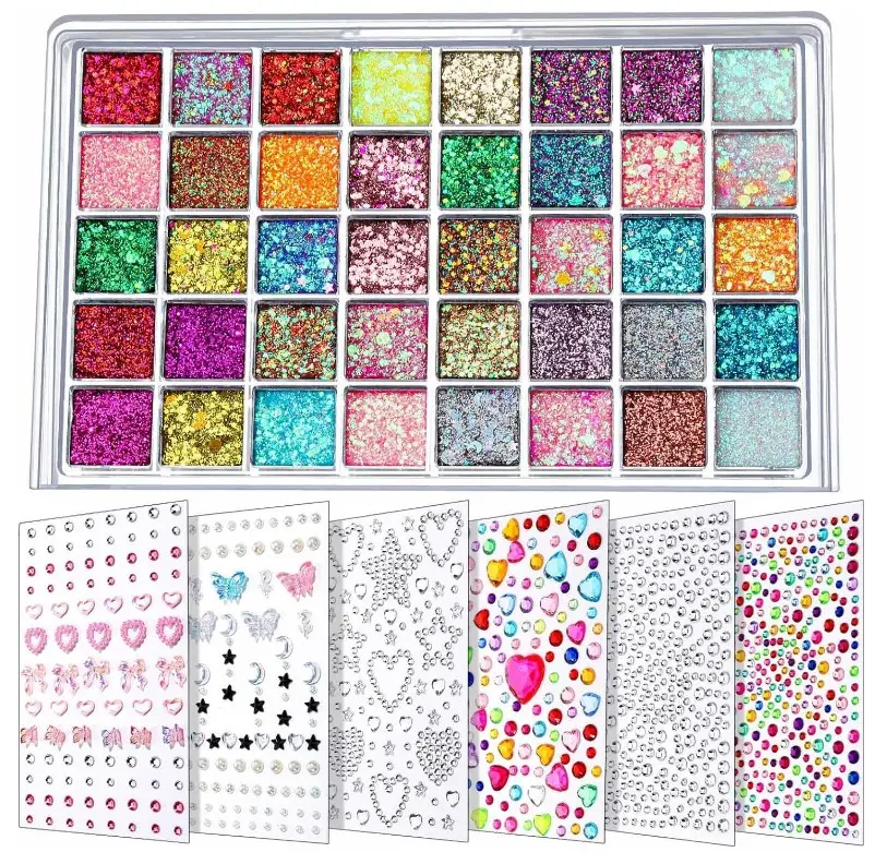 FANDAMEI Face Glitter Face Gems, 40 Colors Glitter Gel Palette with 6 Sheets Self Adhesive Hair Gems, Face Jewels for Women. Face Rhinestones Pearls for Women, Body Hair Glitter