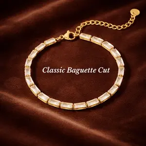 Adjustable Baguette-Cut Tennis Bracelet Stainless Steel Waterproof with Premium Jewelry Box