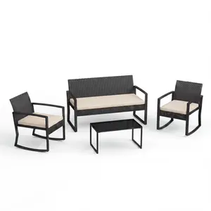 4 Piece Patio Furniture Set with Rocking Chairs and Coffee Table, PE Rattan Outdoor Conversation Set with Cushions, All Weather Wicker Patio Set with Loveseat for Porch Balcony Backyard Garden Deck Poolside