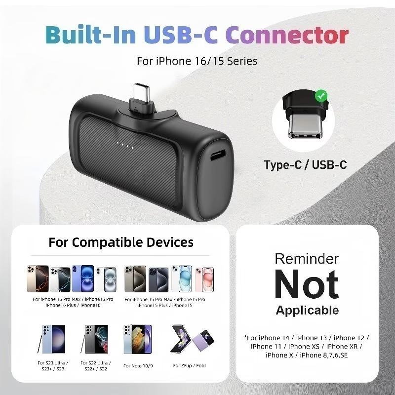 22.5W Fast Charging 5000mAh Mini Portable Power Bank, USB-C Dual-Mode Polymer Battery, Universal Compatibility for iPhone 16/15 & Android Devices