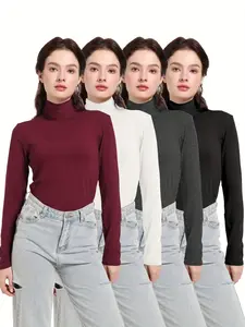4 Pack Women’s Long Sleeve Basic Shirts High Neck Slim Fitted Compression Gym Workout Athletic Underscrubs Tops summerwins