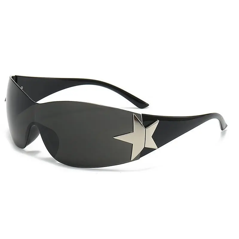 Y2K Rimless Punk Sunglasses with Star Details - Wrap-Around One-Piece Design for Men & Women Edgy Aesthetic for Urban Street Style UV Protection Non-Polarized Polycarbonate Lens