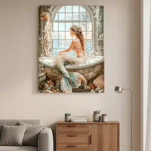 Framed Canvas 1pc 2d Flat Enchanting Mermaid In Opulent Bathtub By Ocean View Window Package Style Wooden Frame, Canvas Artworks, Room Decor, Wall Decor. Suitable For Bedrooms, Schools, Kitchens, Living Room, Parties. Halloween And Christmas, Holiday