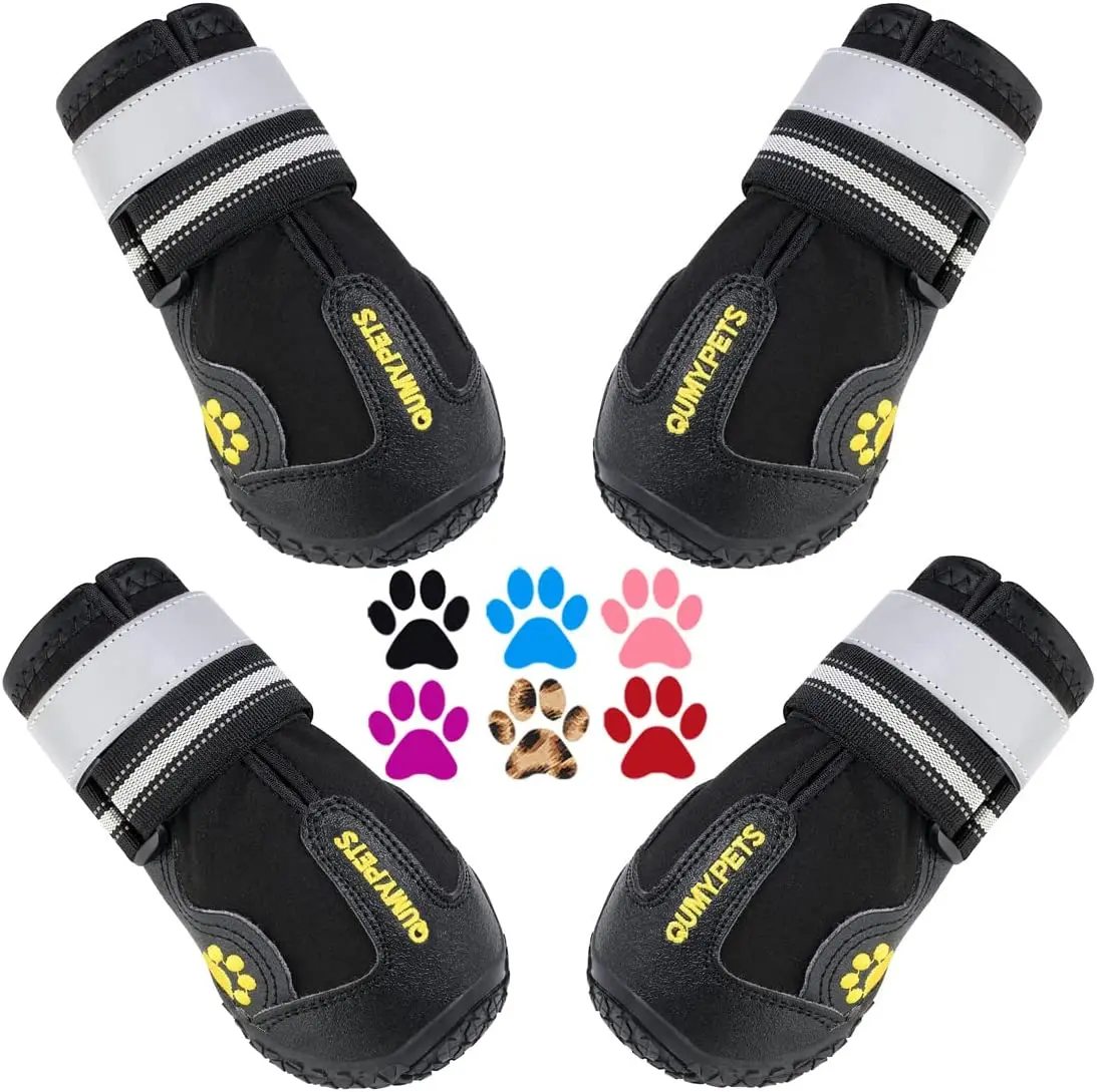 QUMY Dog Shoes - Water-Resistant Boots for Large & Medium Dogs, Skid-Resistant Sole for All Weather, Secure Adjustable Design, Rugged & Slip-Proof, High-Quality Fabrics