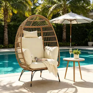 Summervibes Oversized All-Weather PE Wicker Egg Chair, 600lbs Capacity, Modern Design with 39x28.5x58.2" Fully Welded Metal Frame, Large Machine Washable Cushion & Pillow, Black Rattan Seating for Porch & Backyard,summervibes