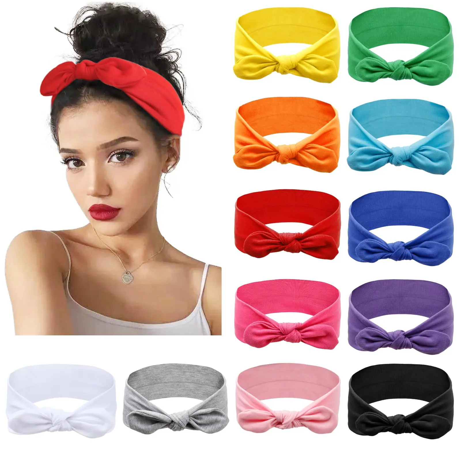 12 Pack Bow Headbands for Women,Headwraps Hair Band Set,Knotted Headband,Rabbit Ears Stretchy Turban Head Wraps,Fashion Headbands Sport Cute Hair Accessories,Christmas Party Gifts,Summervibes