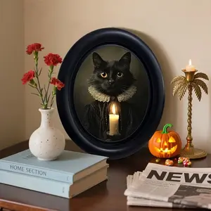 Cat Candle Holder Oval Frame, Vintage Gothic Style Decor, Art Wall Hanging, 6.8x8.7 Inches, Home Office Decoration, Room Decor
