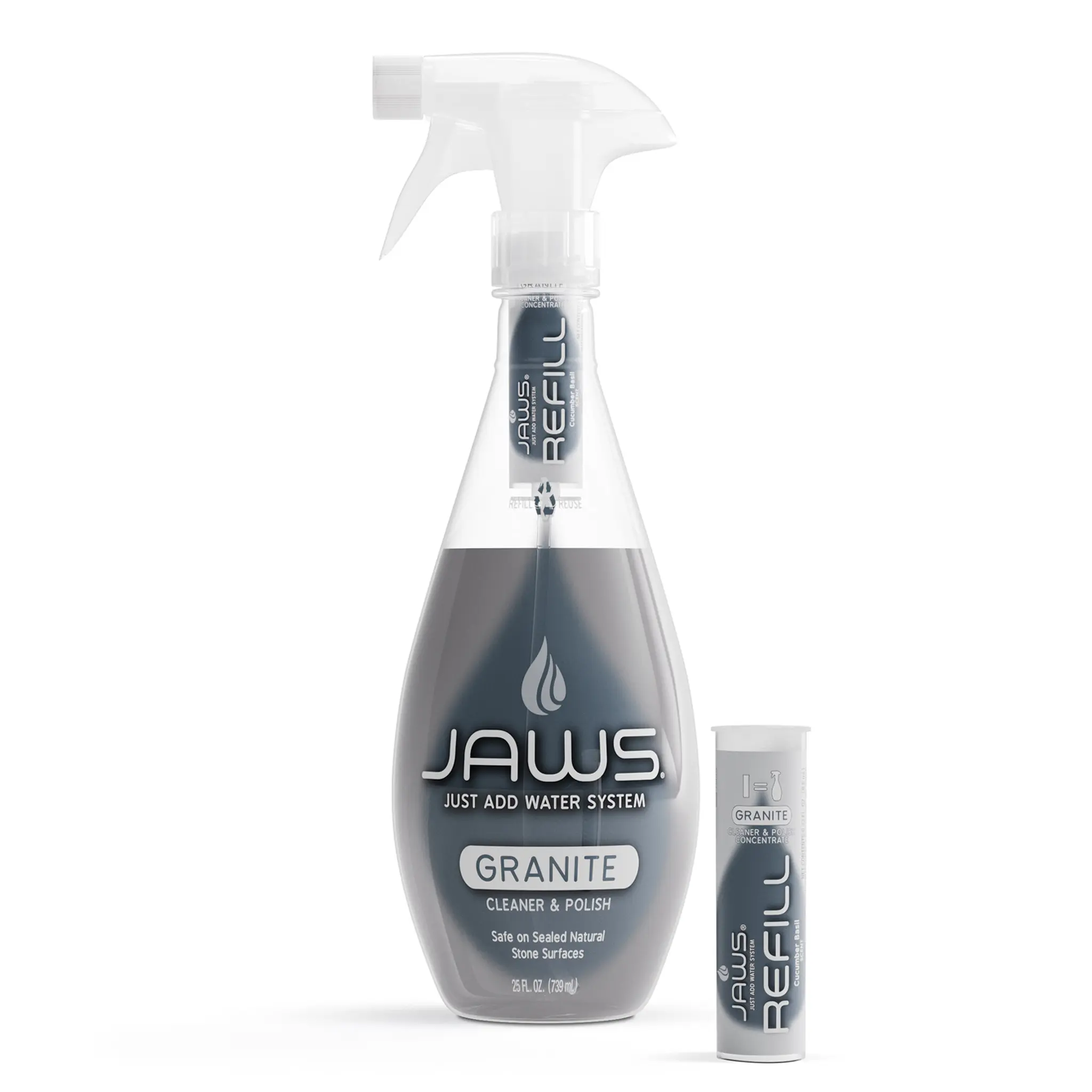 JAWS Granite Cleaner & Polish Bottle with 2 Refill Pods -  Eco-Friendly Refillable System- EPA Safer Choice-certified - Streak-Free Formula for Granite, Marble, Quartz Surfaces