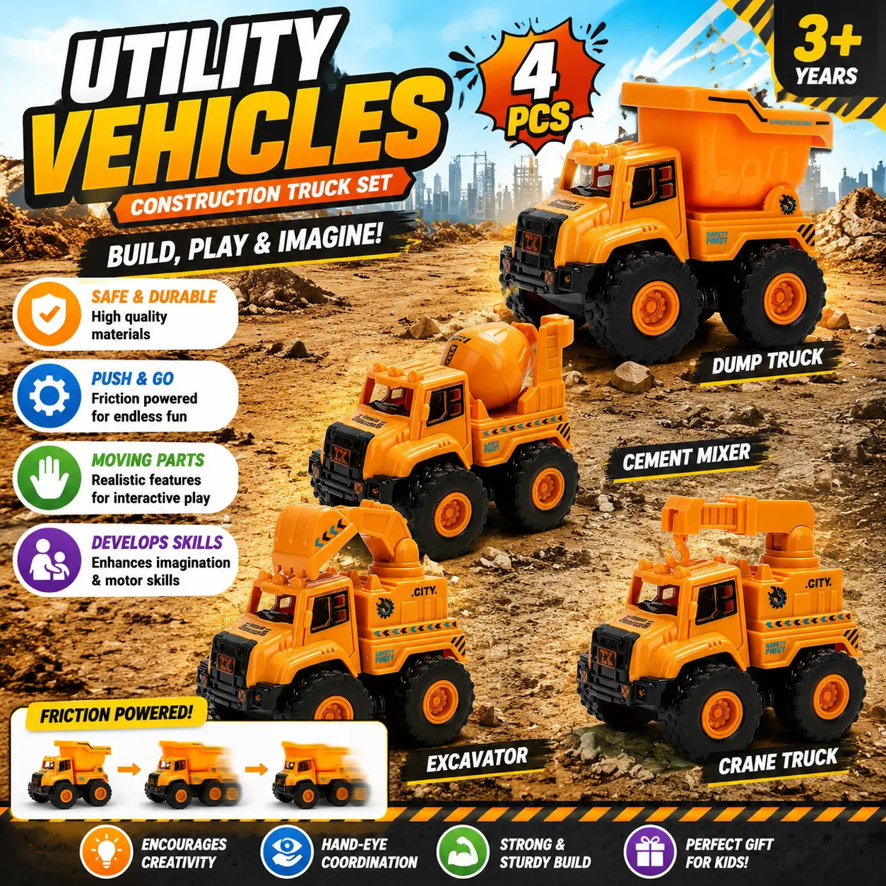 Wingtop 4 Pcs Die-Cast Metal Vehicle Playset - Toy Vehicle Kit with Dump Truck, Excavator, Cement Mixer - Unisex Kids Realistic Look Construction Toy Gift for 3-4 Years