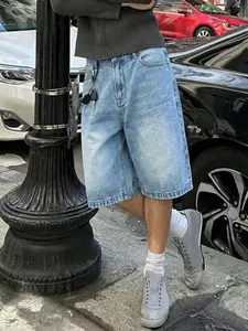 Men's Casual Loose Fit Wide Leg Denim Shorts, All Seasons Street Style, Pure Color Pocket Design, Versatile Straight Leg Jeans